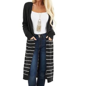 BLACK WITH WHITE STRIPES POCKETED LONG CARDIGAN MEDIUM 8-10